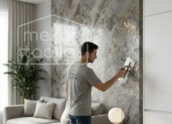 Dekoratif duvar taş kaplama ve balkon mobilya yerleşimi